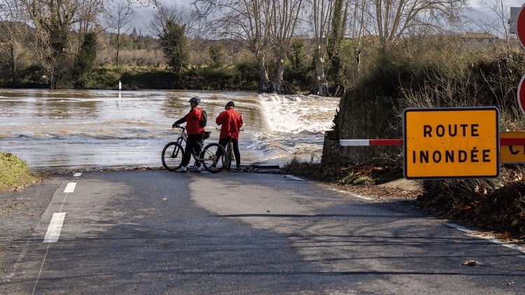 road blocked by flooding in southern France