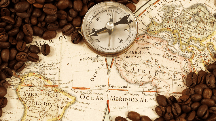 EU trade policy in troubled times colonial map of world with coffee beans