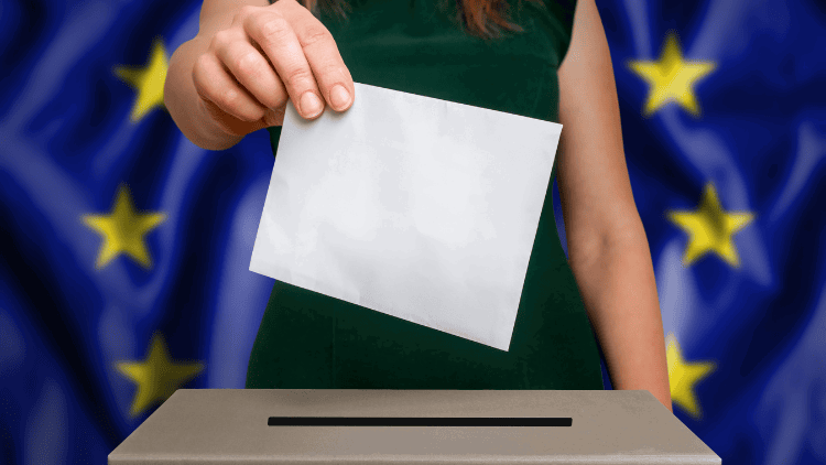 Ten reasons to vote in the European elections woman voting against EU stars background