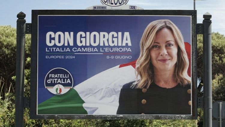 Italy: a ‘post-fascist’ assault on democratic checks Woman on election poster saying (in Italian) 'With Georgia Italy changes Europe'