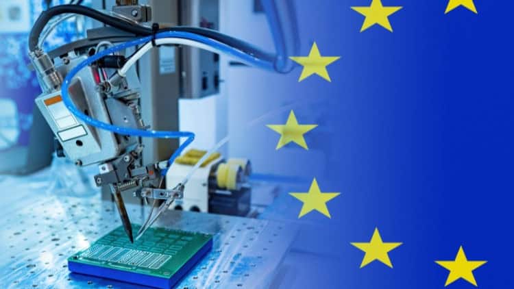 Another, reindustrialised Europe is possible production of printed circuit board with image fading into EU flag