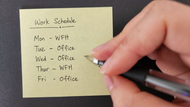 Remote working and productivity paranoia Handwriting a schedule for the week on a post-it, with two days working from home and three in the office