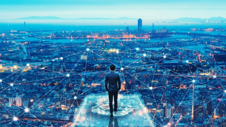 Relocations—tilting the capital-labour balance Man at the hub of stylised network spanning huge metropolis