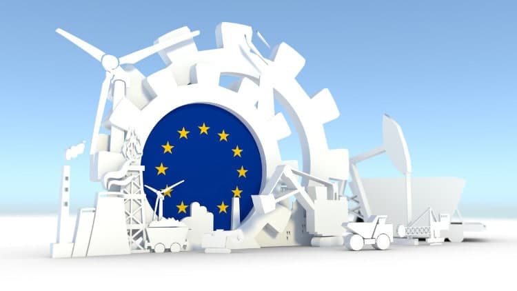 Stylised characterisation of industries around a European flag