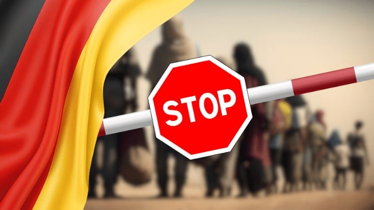 Germany's border controls—wrecking EU solidarity German flag and 'stop' barrier, against blurred background of people on the move