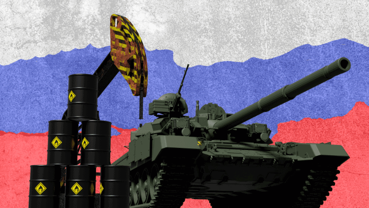 Draghi, Putin and economic warfare in Europe Tank and oil barrels in front of Russian flag