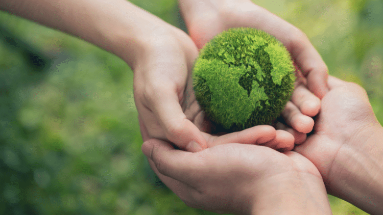 The case for a global climate assembly green mini-globe shared between two pairs of hands against green background